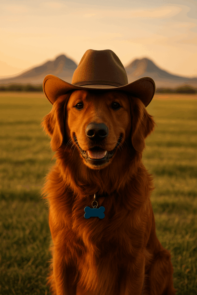 Golden retriever wearing a cowboy hat sitting in a grassy yard at golden hour with the Sutter Buttes mountains in the background.